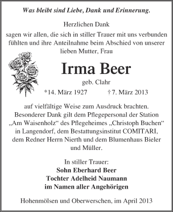 Traueranzeige von Irma Beer von WVG - Wochenspiegel NMB / WSF / ZTZ