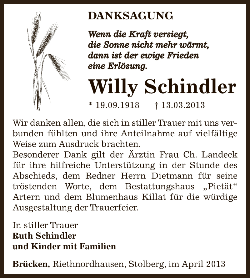  Traueranzeige für Willy Schindler vom 14.04.2013 aus Super Sonntag SGH Mansf. Land