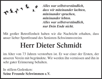 Traueranzeige von Dieter Schmidt von WVG - Wochenspiegel NMB / WSF / ZTZ