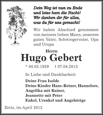 Traueranzeige von Hugo Gebert von Super Sonntag Zeitz