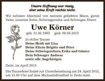 Traueranzeige von Uwe Körner von Super Sonntag Zeitz
