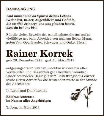 Traueranzeige von Rainer Korrek von Super Sonntag Zeitz