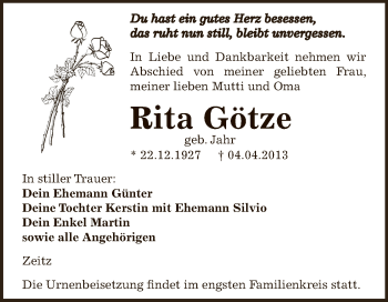 Traueranzeige von Rita Götze von Super Sonntag Zeitz