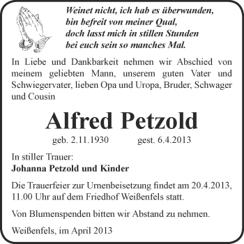 Traueranzeige von Alfred Petzold von WVG - Wochenspiegel NMB / WSF / ZTZ