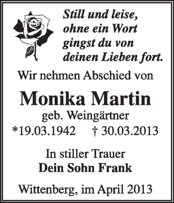 Traueranzeige von Monika Martin von WVG - Wochenspiegel Wittenberg