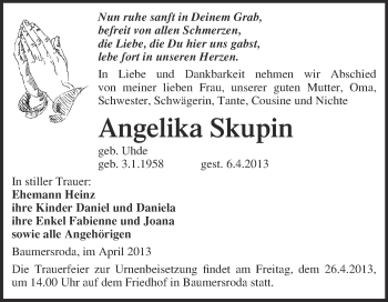 Traueranzeige von Angelika Skupin von WVG - Wochenspiegel NMB / WSF / ZTZ