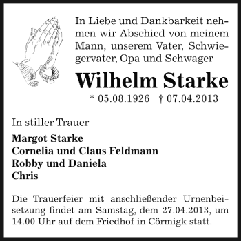 Traueranzeige von Wilhelm Starke von Super Sonntag Bernburg
