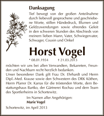 Traueranzeige von Horst Vogel von WVG - Wochenspiegel Dessau / Köthen