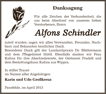 Traueranzeige von Alfons Schindler von Wochenspiegel Mansfelder Land