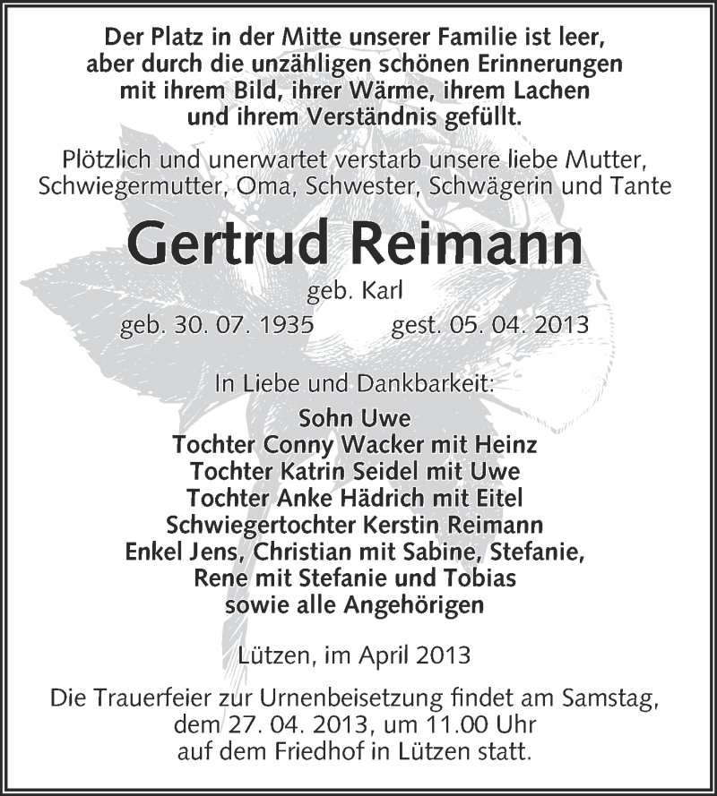  Traueranzeige für Gertrud Reimann vom 17.04.2013 aus Super Sonntag Merseburg