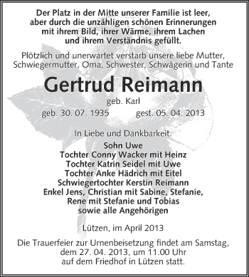 Traueranzeige von Gertrud Reimann von Super Sonntag Merseburg