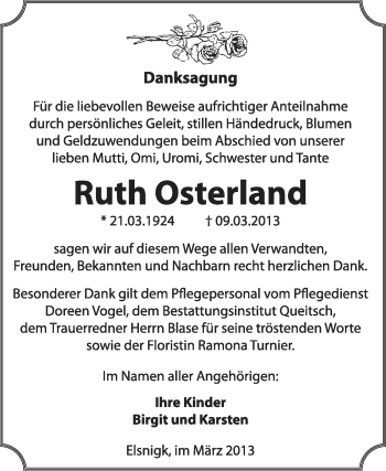 Traueranzeige von Ruth Osterland von Super Sonntag Dessau / Köthen
