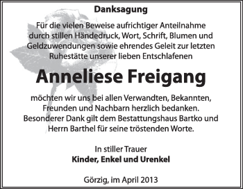 Traueranzeige von Anneliese Freigang von Super Sonntag Dessau / Köthen