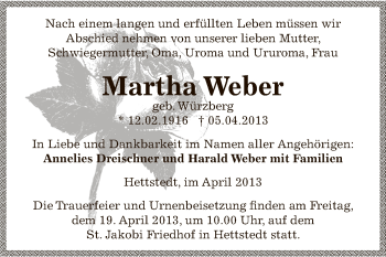 Traueranzeige von Martha Weber von Super Sonntag SGH Mansf. Land