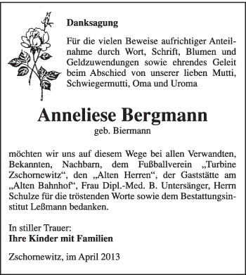 Traueranzeige von Anneliese Bergmann von WVG - Wochenspiegel Wittenberg