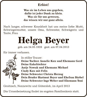Traueranzeige von Helga Beyer von Super Sonntag Zeitz