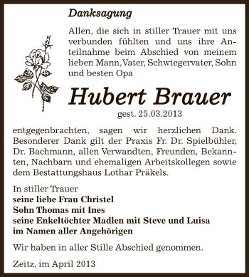 Traueranzeige von Hubert Brauer von Super Sonntag Zeitz