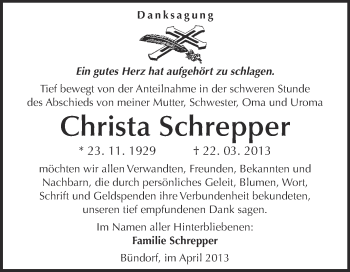 Traueranzeige von Christa Schrepper von WVG - Wochenspiegel Merseburg