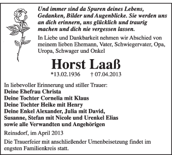 Traueranzeige von Horst Laaß von Super Sonntag Wittenberg