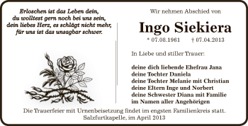 Traueranzeige von Ingo Siekiera von WVG - Wochenspiegel Bitterfeld