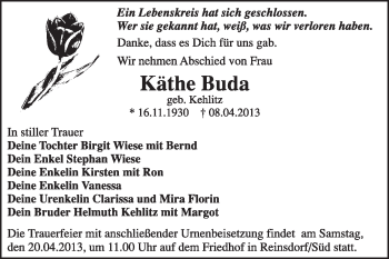 Traueranzeige von Käthe Bude von Super Sonntag Wittenberg