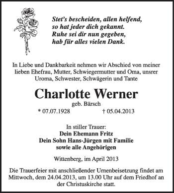 Traueranzeige von Charlotte Werner von WVG - Wochenspiegel Wittenberg