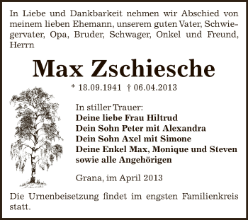 Traueranzeige von Max Zschiesche von Super Sonntag Zeitz