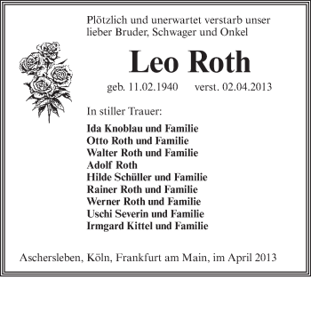 Traueranzeige von Leo Roth von Super Sonntag Aschersleben