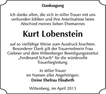 Traueranzeige von Kurt Lobenstein von WVG - Wochenspiegel Wittenberg