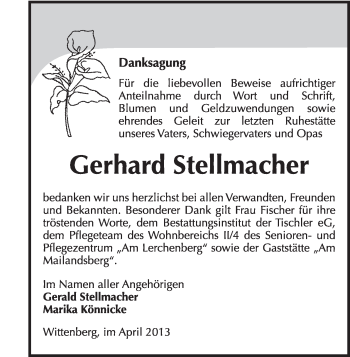 Traueranzeige von Gerhard Stellmacher von WVG - Wochenspiegel Wittenberg