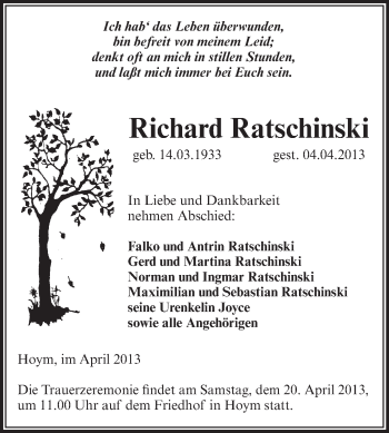 Traueranzeige von Richard Ratschinski von Super Sonntag Aschersleben