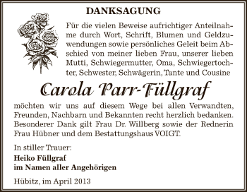 Traueranzeige von Carola Parr-Füllgraf von Super Sonntag SGH Mansf. Land