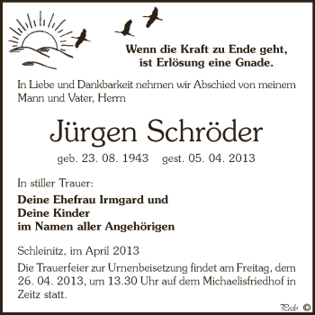 Traueranzeige von Jürgen Schröder von Super Sonntag Zeitz