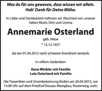 Traueranzeige von Annemarie Osterland von Super Sonntag Dessau / Köthen