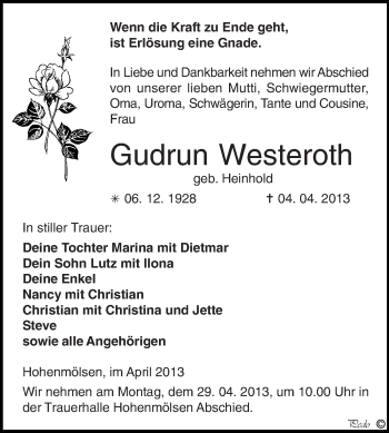 Traueranzeige von Gudrun Westeroth von WVG - Wochenspiegel NMB / WSF / ZTZ