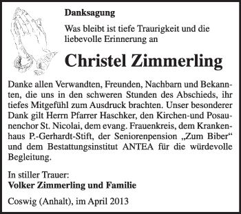 Traueranzeige von Christel Zimmerling von Super Sonntag Wittenberg