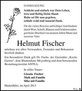Traueranzeige von Helmut Fischer von WVG - Wochenspiegel NMB / WSF / ZTZ