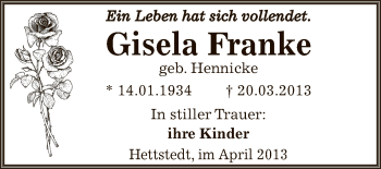 Traueranzeige von Gisela Franke von Wochenspiegel Mansfelder Land