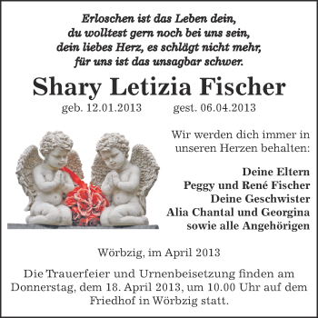 Traueranzeige von Shary Letizia Fischer von WVG - Wochenspiegel Dessau / Köthen