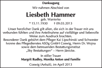 Traueranzeige von Liesbeh Hammer von Super Sonntag Wittenberg