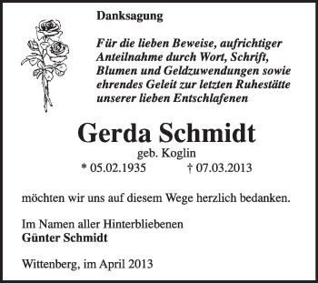 Traueranzeige von Gerda Schmidt von WVG - Wochenspiegel Wittenberg