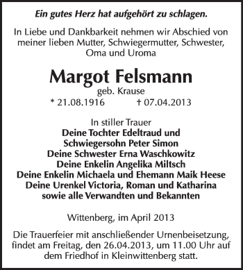 Traueranzeige von Margot Felsmann von WVG - Wochenspiegel Wittenberg
