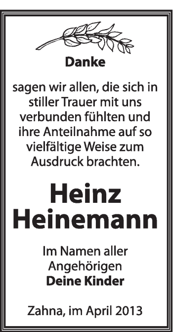 Traueranzeige von Heinz Heinemann von Super Sonntag Wittenberg