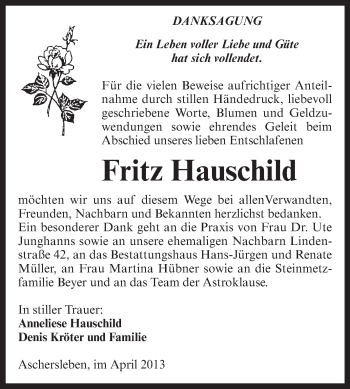 Traueranzeige von Fritz Hauschild von WVG - Wochenspiegel Aschersleben