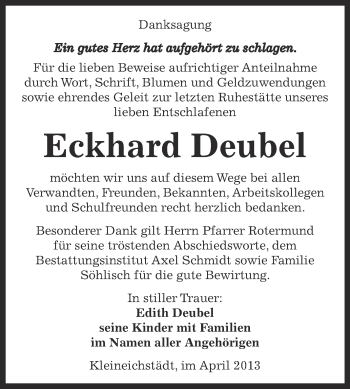 Traueranzeige von Eckhard Deubel von Super Sonntag Zeitz