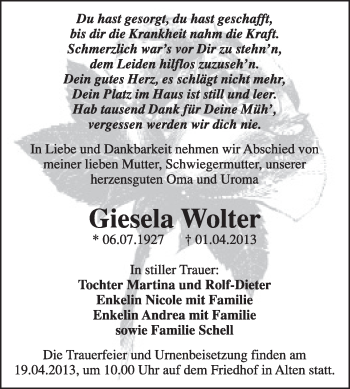 Traueranzeige von Giesela Wolter von Super Sonntag Dessau / Köthen