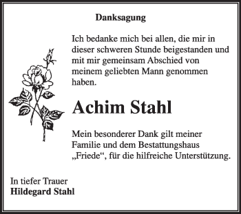 Traueranzeige von Achim Stahl von Super Sonntag Dessau / Köthen