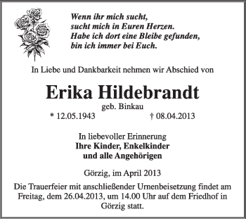 Traueranzeige von Erika Hildebrand von Super Sonntag Dessau / Köthen