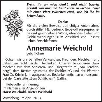 Traueranzeige von Annemarie Weichold von WVG - Wochenspiegel Wittenberg