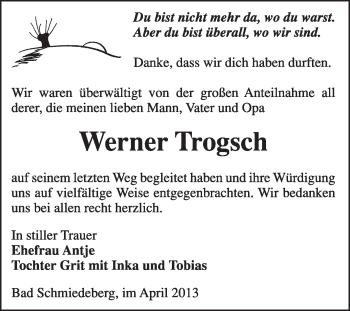 Traueranzeige von Werner Trogsch von WVG - Wochenspiegel Wittenberg